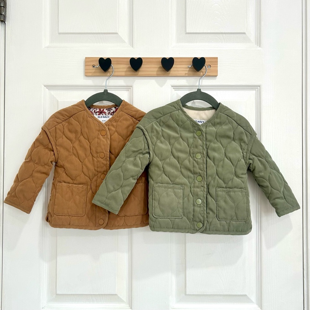 Set of 2 Old Navy Brushed Quilted Baby Toddler Jackets Green and Brown 12-18 mo